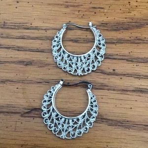 Silver Filigree Hoop Earrings with Levered Closure